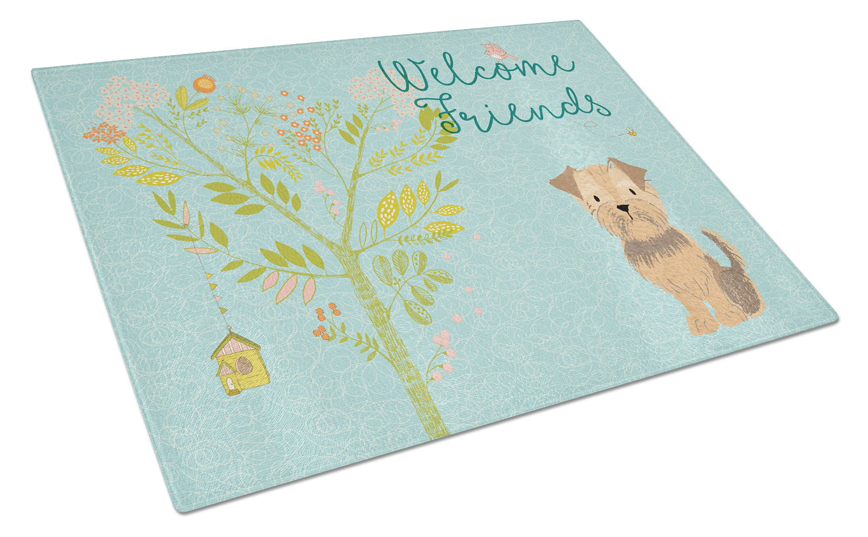 Welcome Friends Yorkie Natural Ears Cutting Board Tempered Glass Kitchen Cutting Surface, Heat Resistant Chopping, Non-Slip Feet, Food Prep & Serving