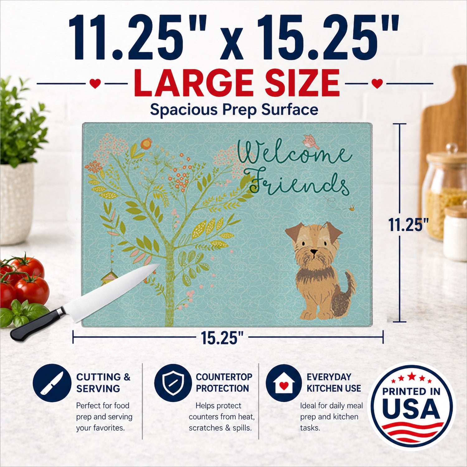 Welcome Friends Yorkie Natural Ears Cutting Board Tempered Glass Kitchen Cutting Surface, Heat Resistant Chopping, Non-Slip Feet, Food Prep & Serving