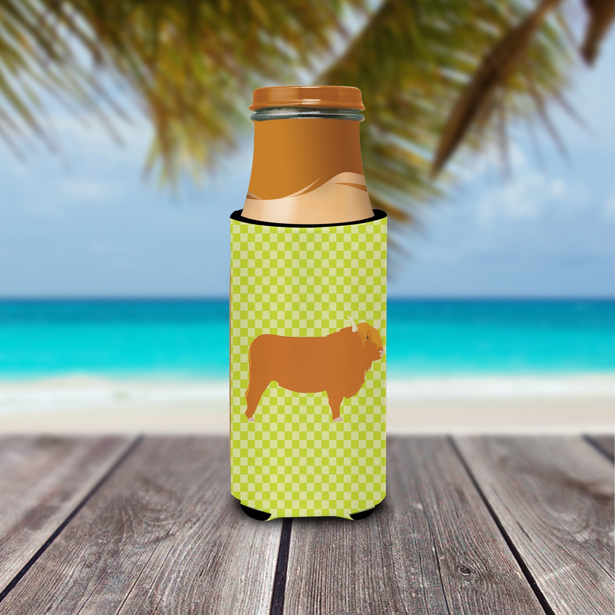 Highland Cow Green Slim Can Hugger , Insulated Foam Hugger for 12 oz Slim Cans, Beer Bottles & Water Bottles, Printed in USA
