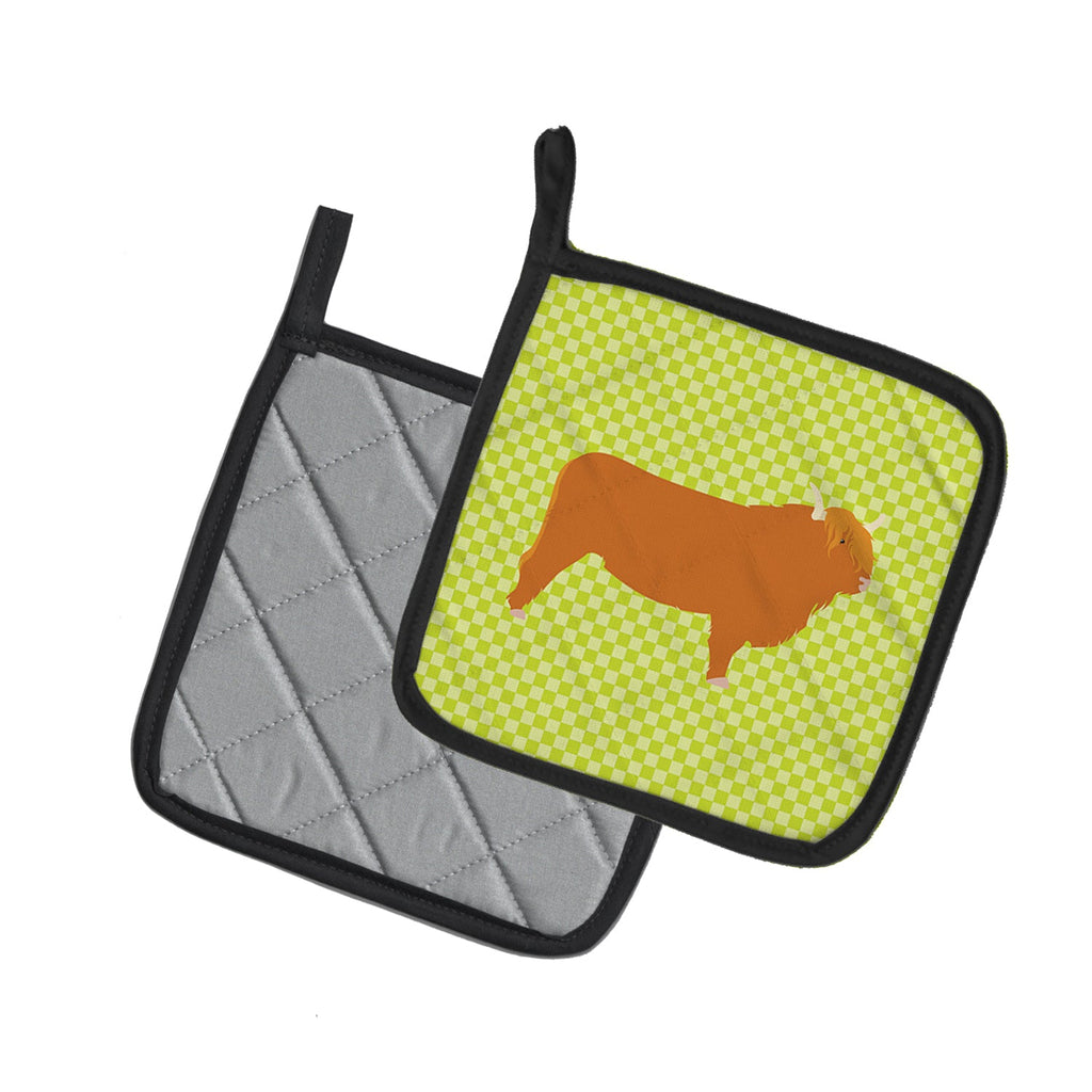 Highland Cow Green Pot Holder Set of 2 Heat Resistant Quilted Hot Pads 7.5 x 7.5 Inch, Insulated Kitchen Trivets for Cooking & Baking