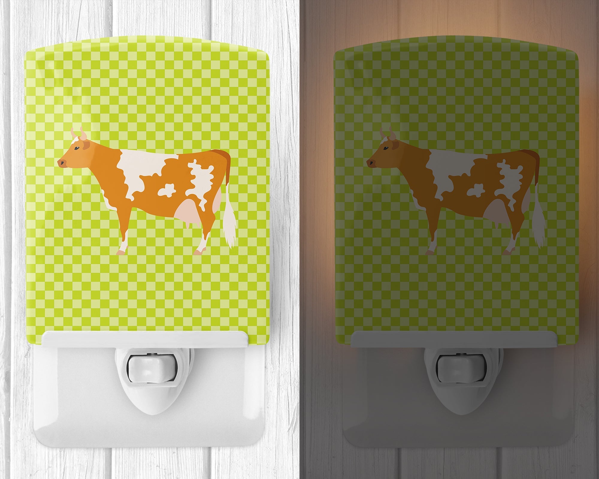 Guernsey Cow  Green Ceramic Night Light Compact, UL-Certified, Ideal for Bedroom, Bathroom, Nursery, Hallway, Kitchen, 6x4x3, Multicolor