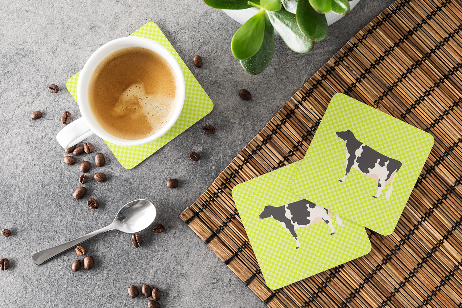 Holstein Cow Green Foam Coasters Set of 4 Cup Coasters for Indoor Outdoor, Tabletop Protection, Anti Slip, Mouse pad Material