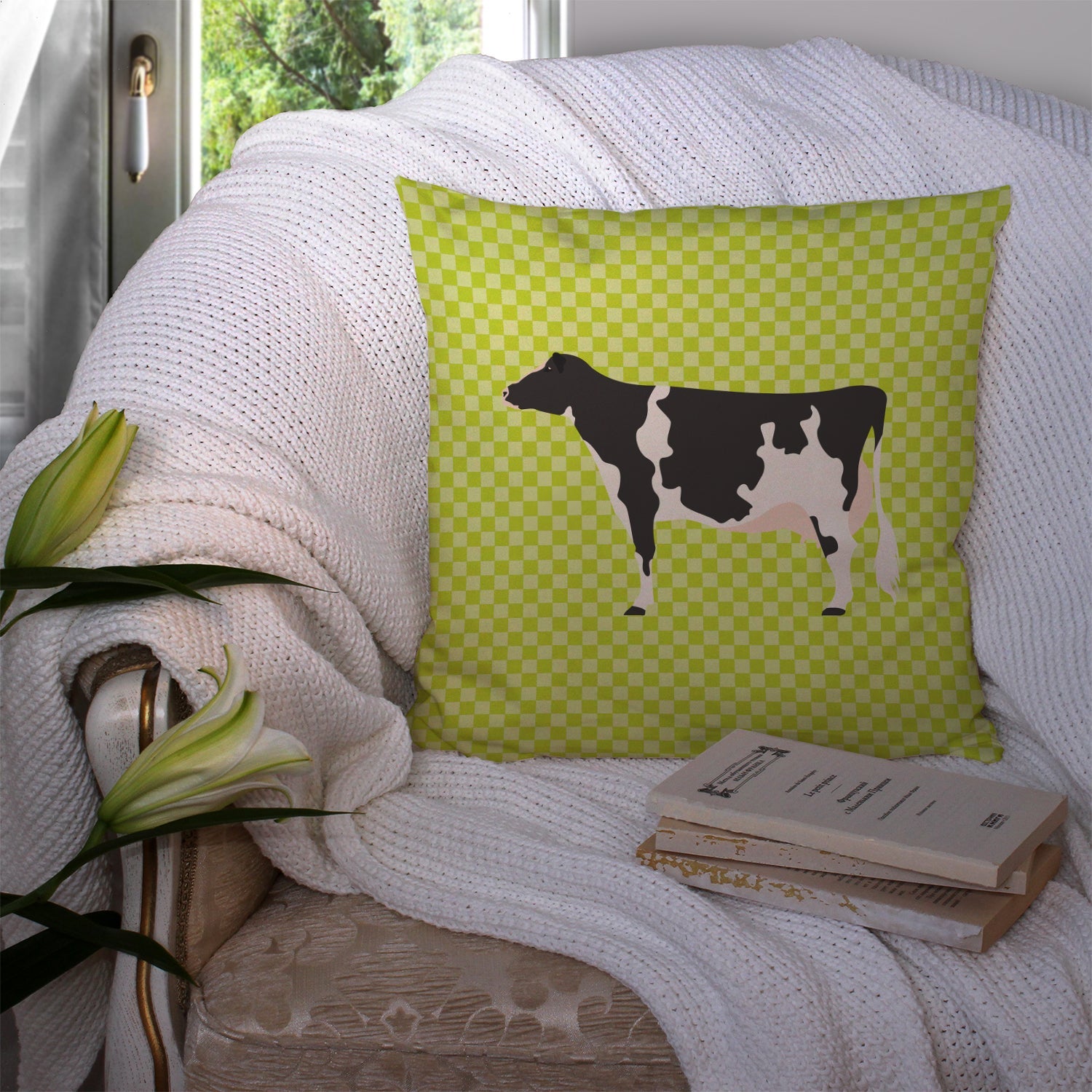 Holstein Cow Green Decorative Throw Pillow 14x14 Indoor Outdoor Accent Cushion, Fabric Cover with Insert for Sofa, Bed, Porch & Living Room