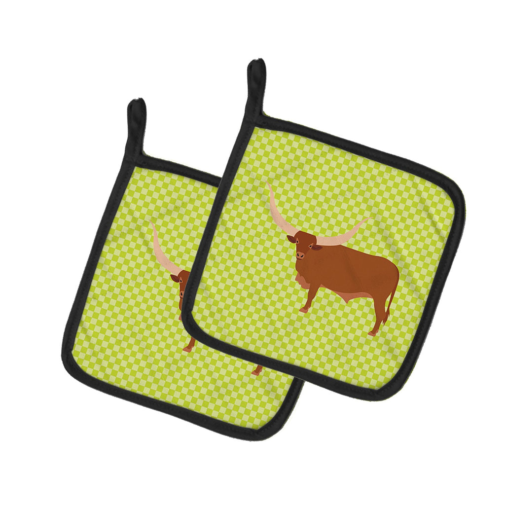 Ankole-Watusu Cow Green Pot Holder Set of 2 Heat Resistant Quilted Hot Pads 7.5 x 7.5 Inch, Insulated Kitchen Trivets for Cooking & Baking