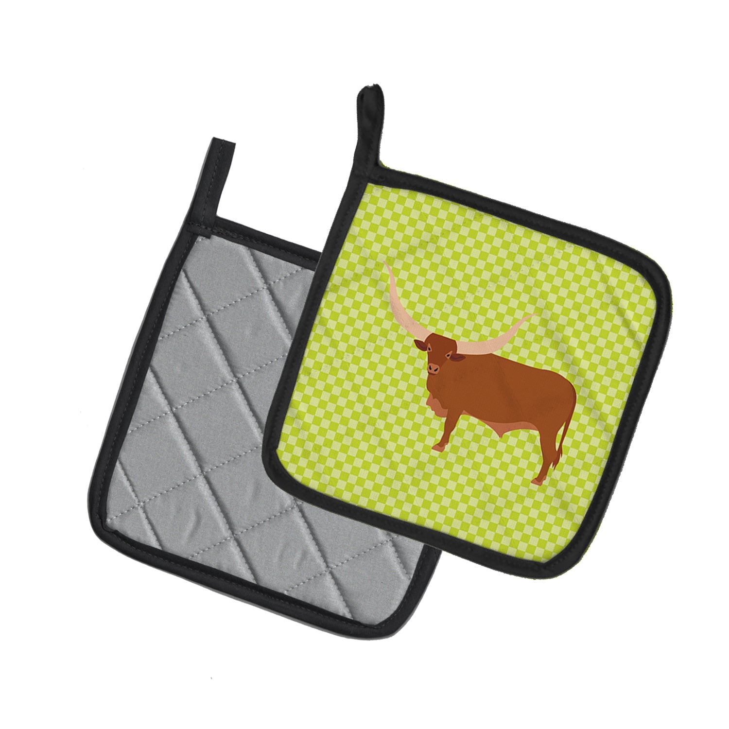Ankole-Watusu Cow Green Pot Holder Set of 2 Heat Resistant Quilted Hot Pads 7.5 x 7.5 Inch, Insulated Kitchen Trivets for Cooking & Baking