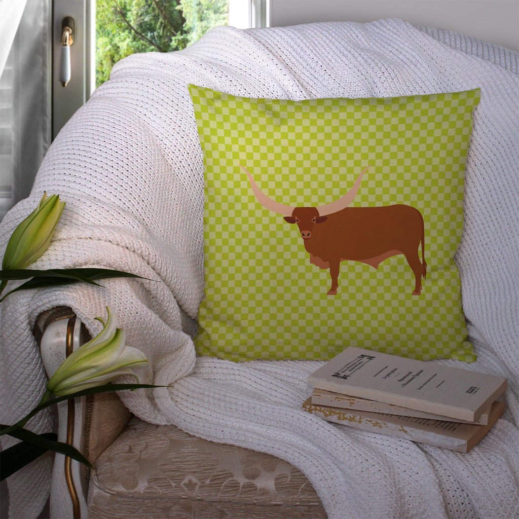Ankole-Watusu Cow Green Decorative Throw Pillow 14x14 Indoor Outdoor Accent Cushion, Fabric Cover with Insert for Sofa, Bed, Porch & Living Room