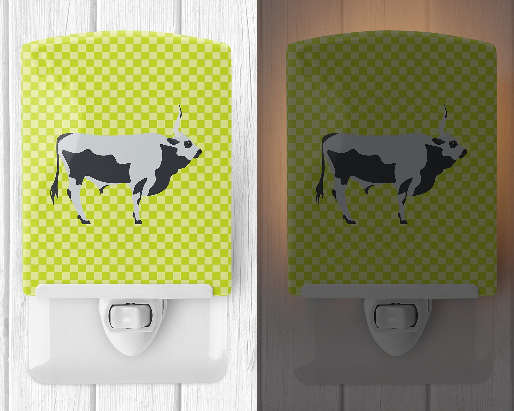 Hungarian Grey Steppe Cow Green Ceramic Night Light Compact, UL-Certified, Ideal for Bedroom, Bathroom, Nursery, Hallway, Kitchen, 6x4x3, Multicolor
