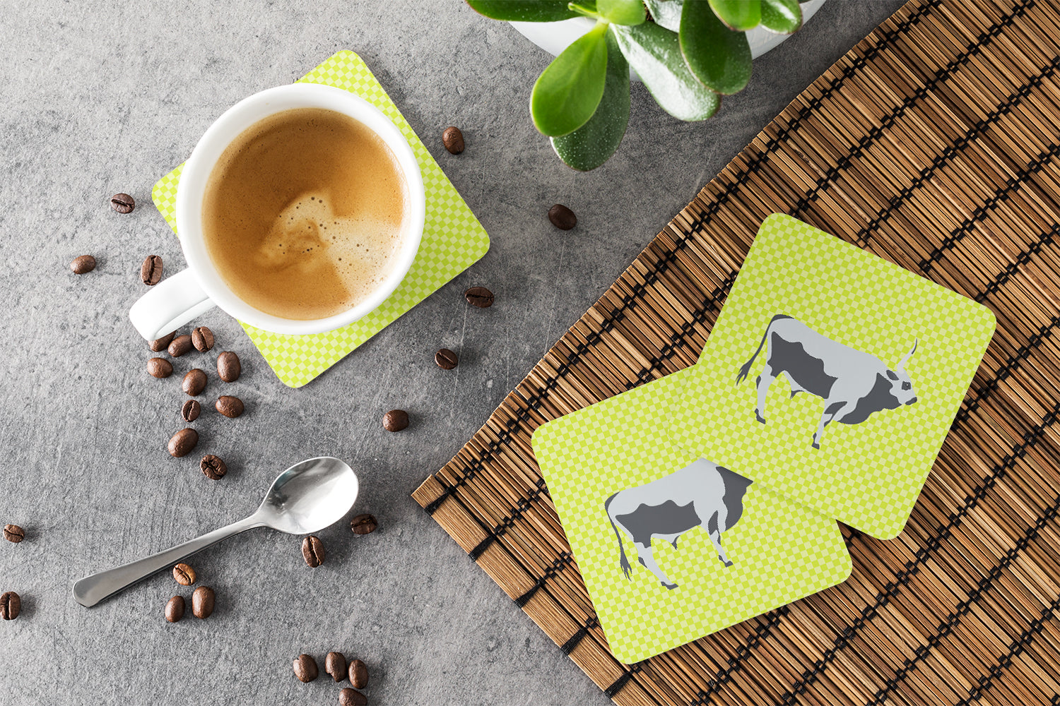 Hungarian Grey Steppe Cow Green Foam Coasters Set of 4 Cup Coasters for Indoor Outdoor, Tabletop Protection, Anti Slip, Mouse pad Material