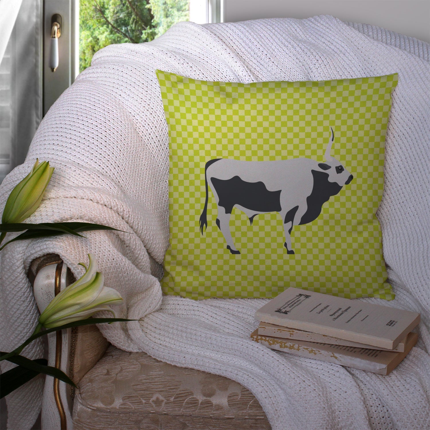 Hungarian Grey Steppe Cow Green Decorative Throw Pillow 14x14 Indoor Outdoor Accent Cushion, Fabric Cover with Insert for Sofa, Bed, Porch & Living Room