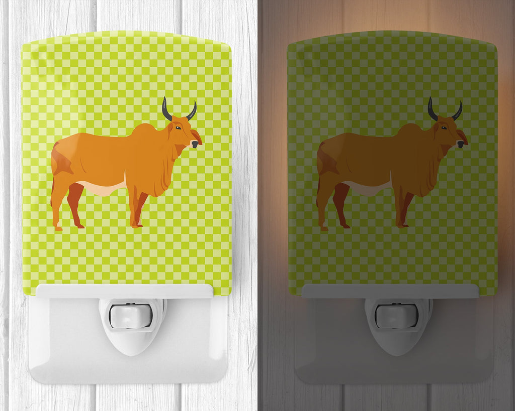 Zebu Indicine Cow Green Ceramic Night Light Compact, UL-Certified, Ideal for Bedroom, Bathroom, Nursery, Hallway, Kitchen, 6x4x3, Multicolor