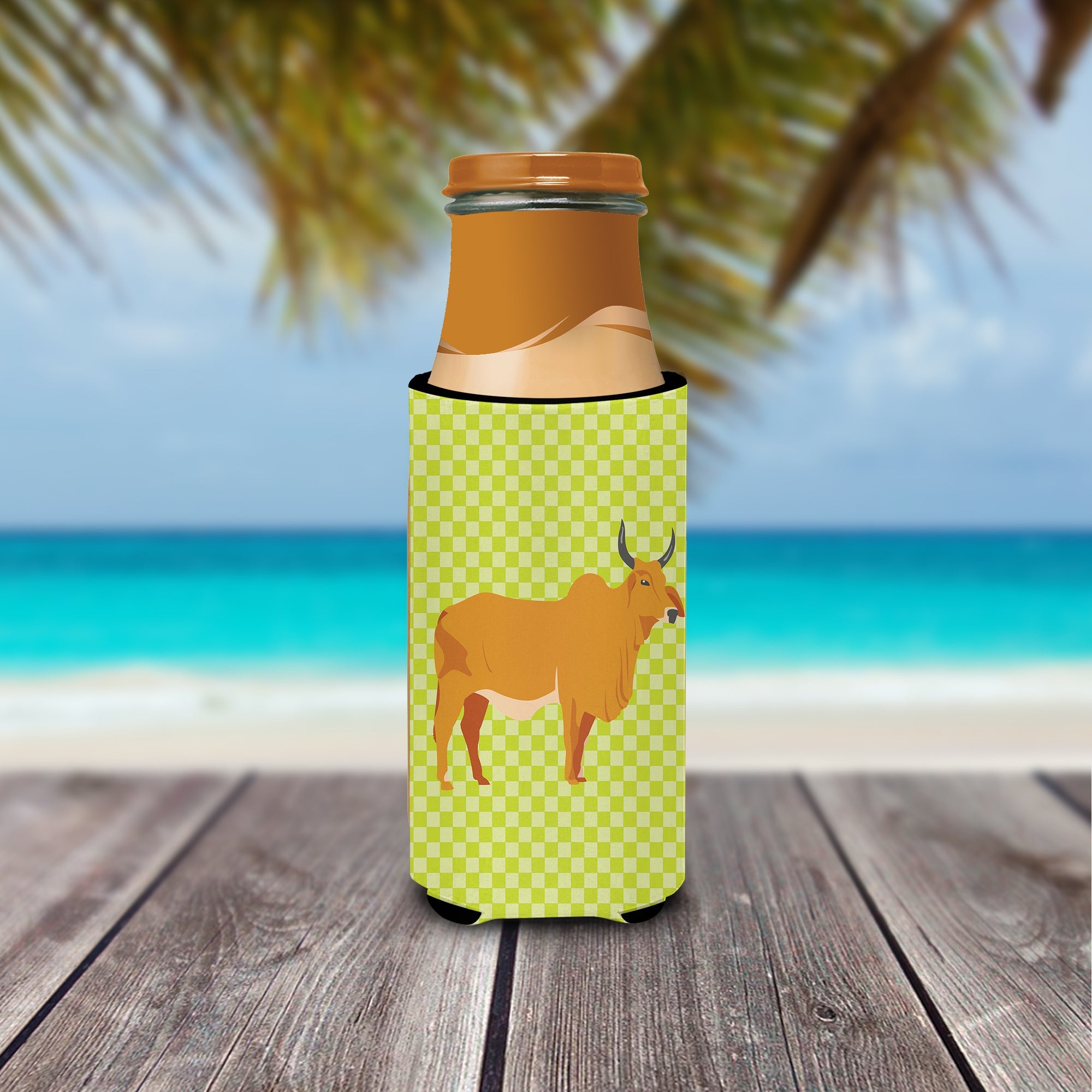 Zebu Indicine Cow Green Slim Can Hugger , Insulated Foam Hugger for 12 oz Slim Cans, Beer Bottles & Water Bottles, Printed in USA