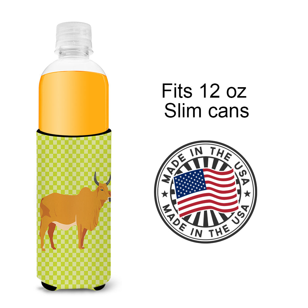Zebu Indicine Cow Green Slim Can Hugger , Insulated Foam Hugger for 12 oz Slim Cans, Beer Bottles & Water Bottles, Printed in USA