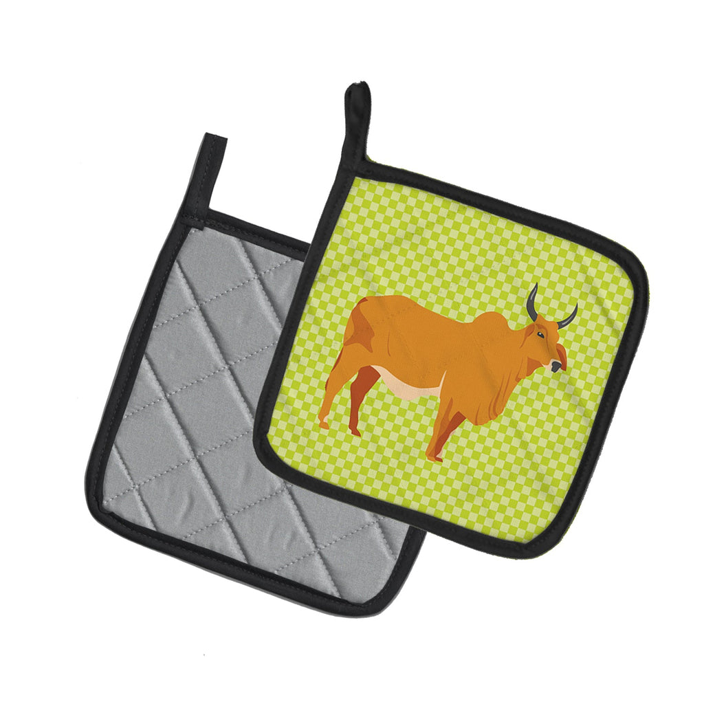 Zebu Indicine Cow Green Pot Holder Set of 2 Heat Resistant Quilted Hot Pads 7.5 x 7.5 Inch, Insulated Kitchen Trivets for Cooking & Baking