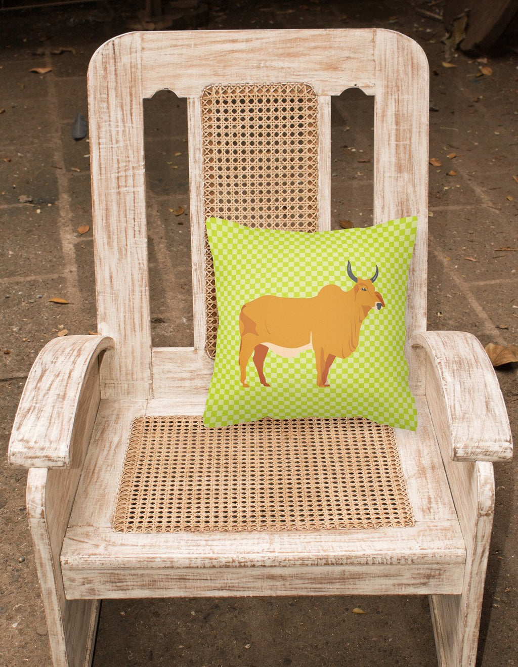 Zebu Indicine Cow Green Decorative Throw Pillow 18x18 Indoor Outdoor Accent Cushion, Fabric Cover with Insert for Sofa, Bed, Porch & Living Room
