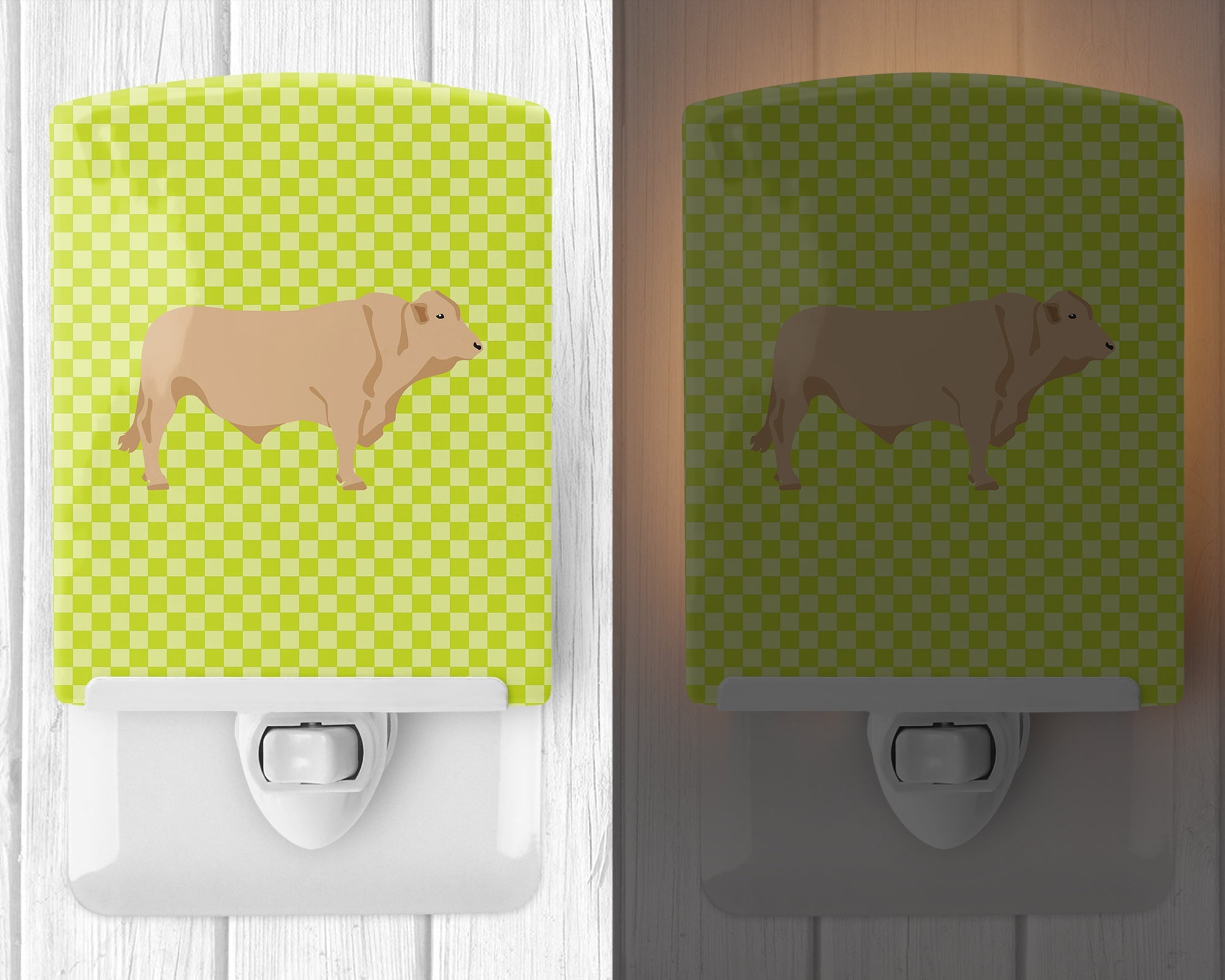Charolais Cow Green Ceramic Night Light Compact, UL-Certified, Ideal for Bedroom, Bathroom, Nursery, Hallway, Kitchen, 6x4x3, Multicolor