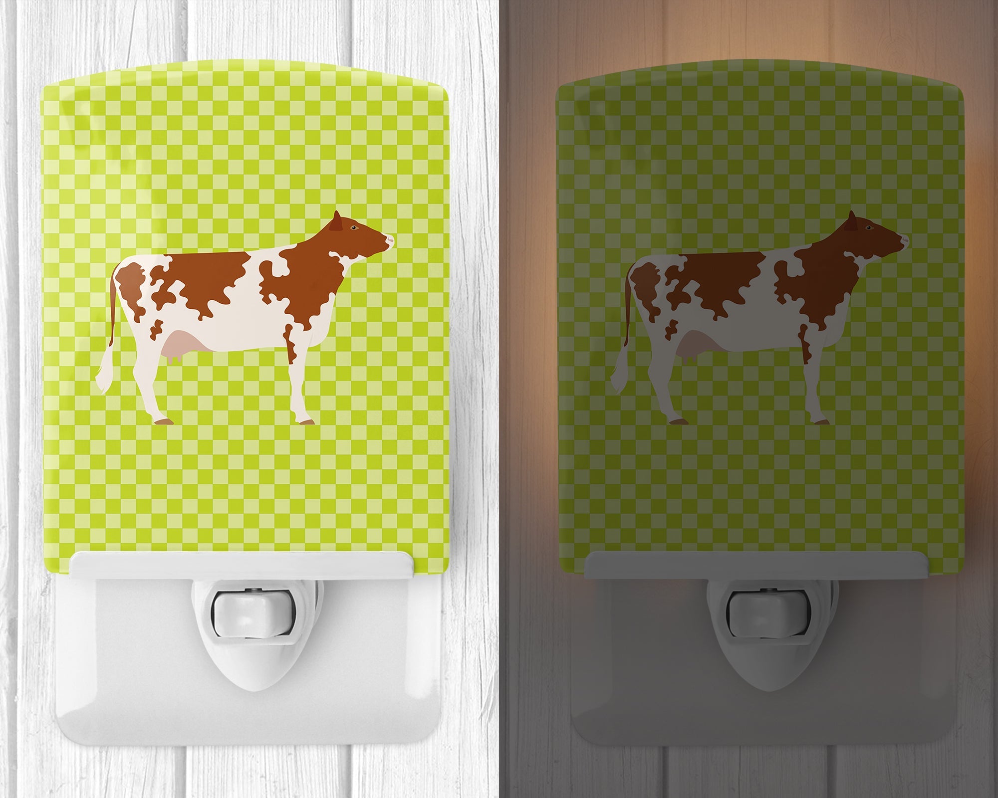 Ayrshire Cow Green Ceramic Night Light Compact, UL-Certified, Ideal for Bedroom, Bathroom, Nursery, Hallway, Kitchen, 6x4x3, Multicolor