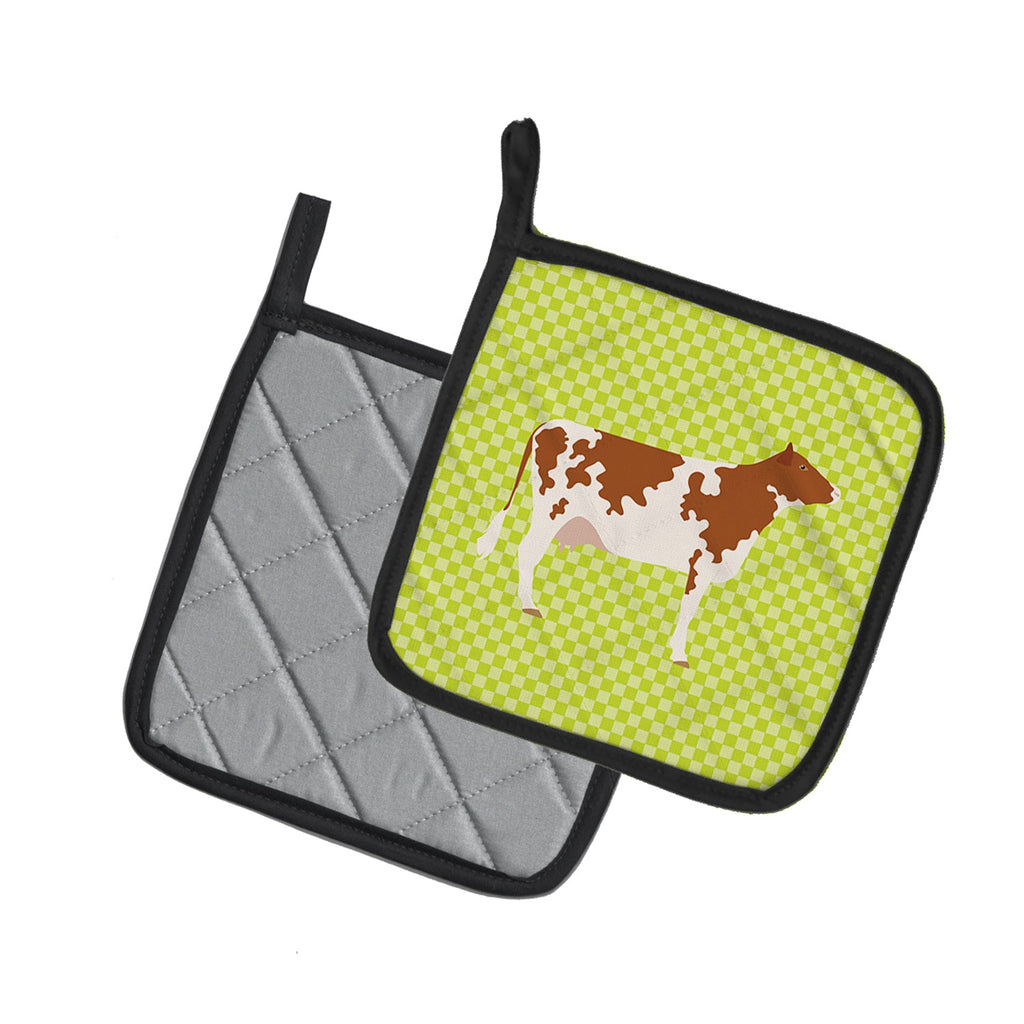 Ayrshire Cow Green Pot Holder Set of 2 Heat Resistant Quilted Hot Pads 7.5 x 7.5 Inch, Insulated Kitchen Trivets for Cooking & Baking