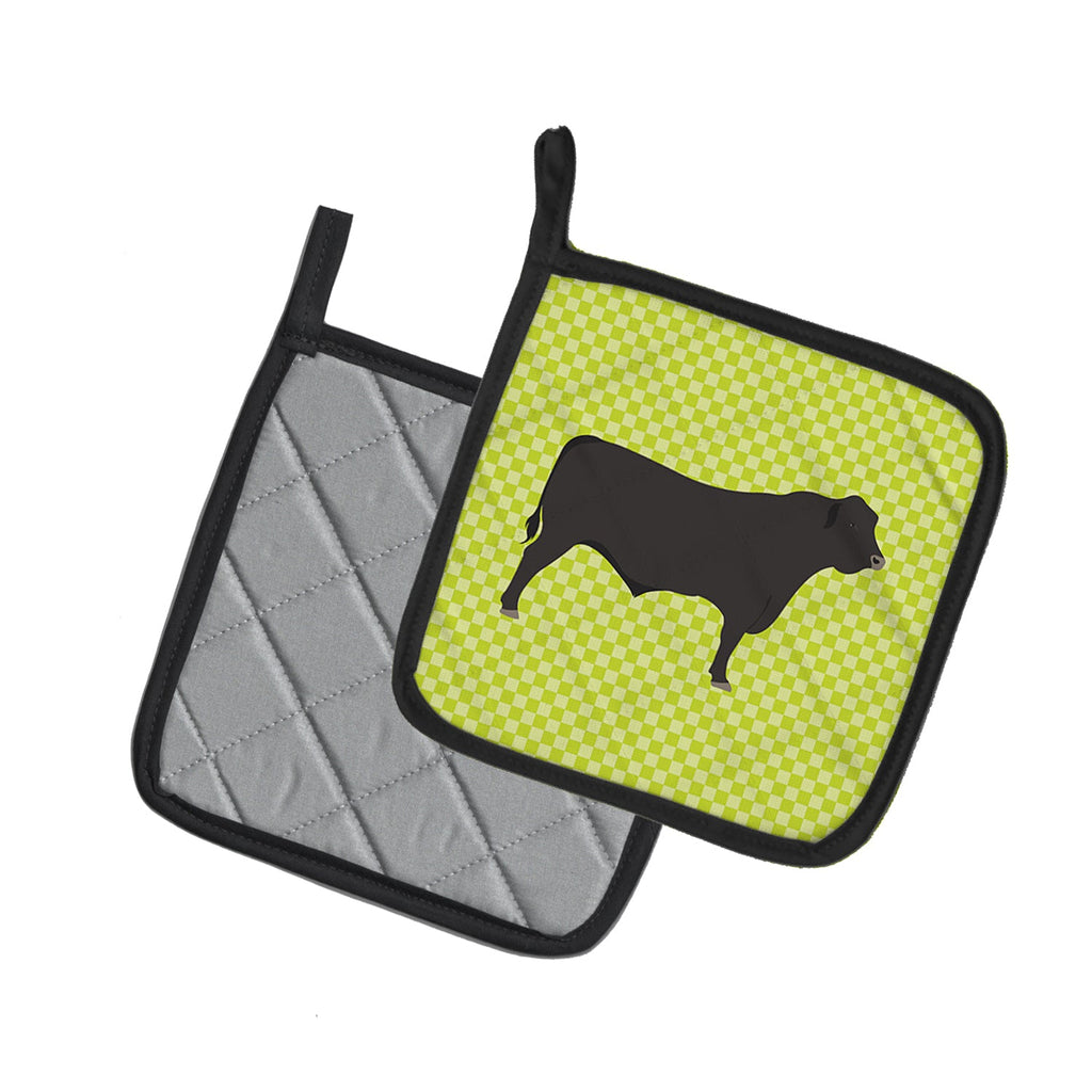 Black Angus Cow Green Pot Holder Set of 2 Heat Resistant Quilted Hot Pads 7.5 x 7.5 Inch, Insulated Kitchen Trivets for Cooking & Baking