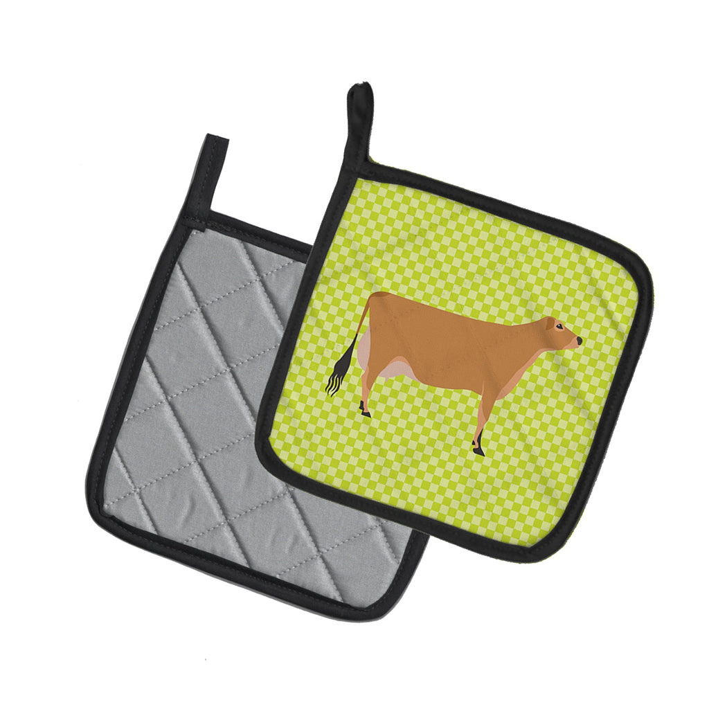 Jersey Cow Green Pot Holder Set of 2 Heat Resistant Quilted Hot Pads 7.5 x 7.5 Inch, Insulated Kitchen Trivets for Cooking & Baking