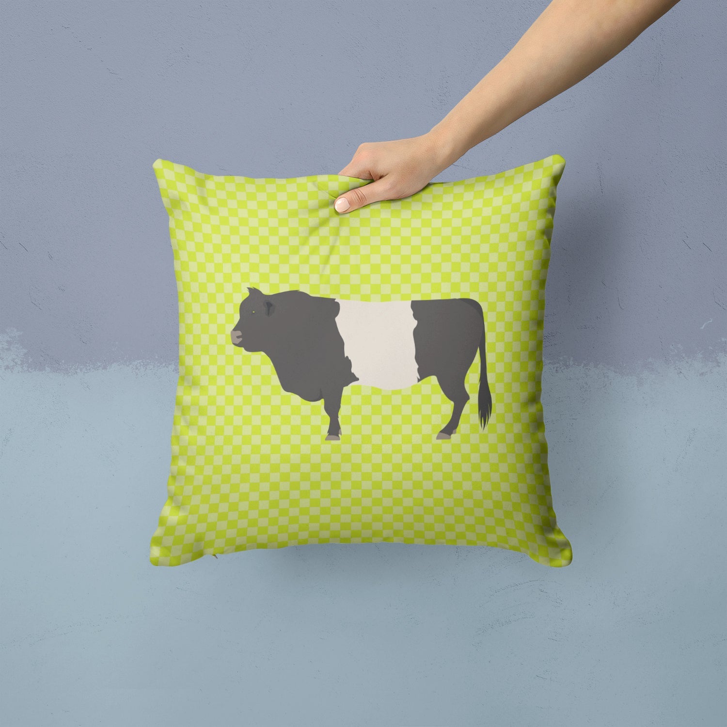 Belted Galloway Cow Green Decorative Throw Pillow 14x14 Indoor Outdoor Accent Cushion, Fabric Cover with Insert for Sofa, Bed, Porch & Living Room