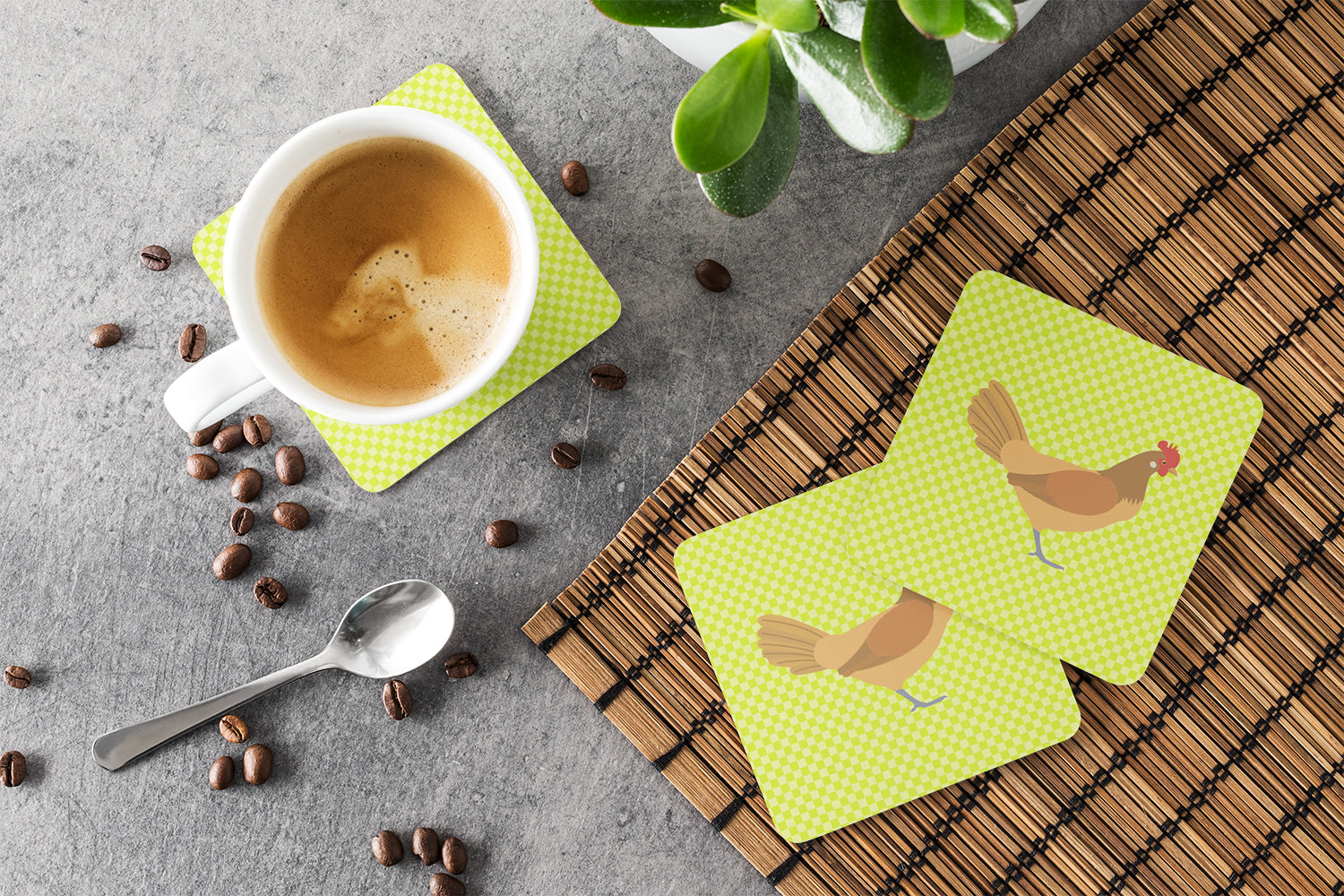 Frisian Friesian Chicken Green Foam Coasters Set of 4 Cup Coasters for Indoor Outdoor, Tabletop Protection, Anti Slip, Mouse pad Material