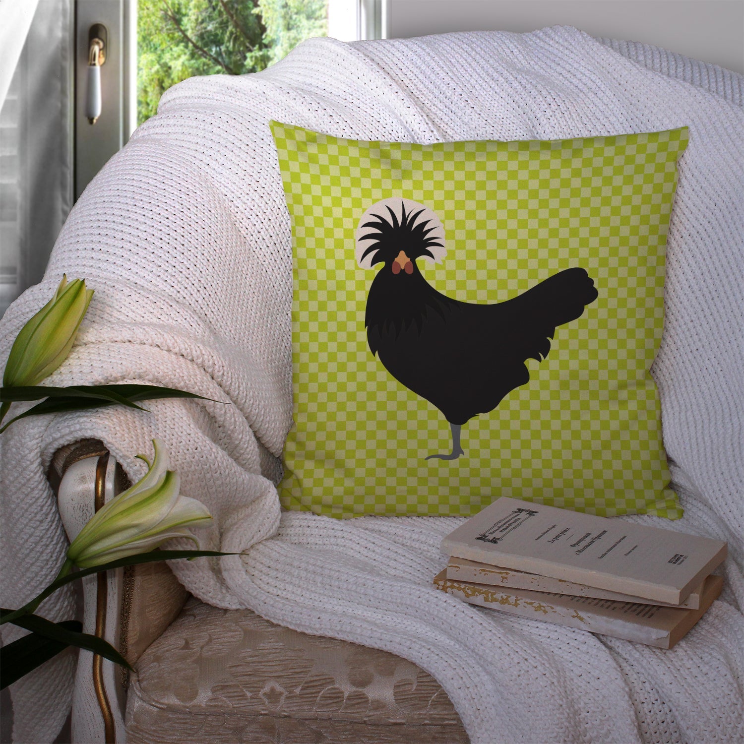 Polish Poland Chicken Green Decorative Throw Pillow 14x14 Indoor Outdoor Accent Cushion, Fabric Cover with Insert for Sofa, Bed, Porch & Living Room