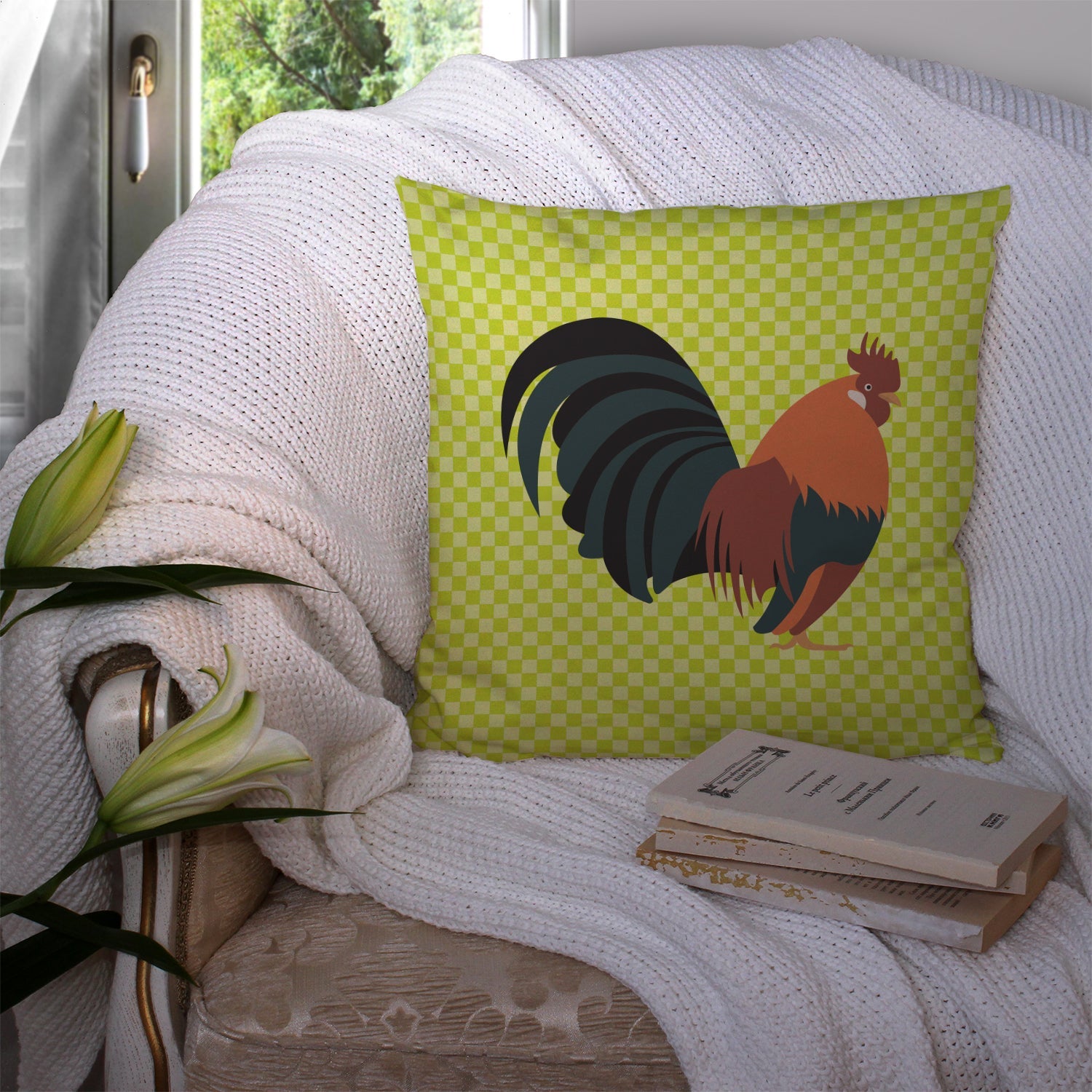 Dutch Bantam Chicken Green Decorative Throw Pillow 14x14 Indoor Outdoor Accent Cushion, Fabric Cover with Insert for Sofa, Bed, Porch & Living Room