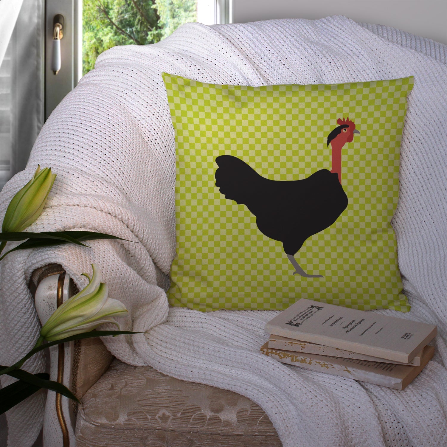 Naked Neck Chicken Green Decorative Throw Pillow 14x14 Indoor Outdoor Accent Cushion, Fabric Cover with Insert for Sofa, Bed, Porch & Living Room