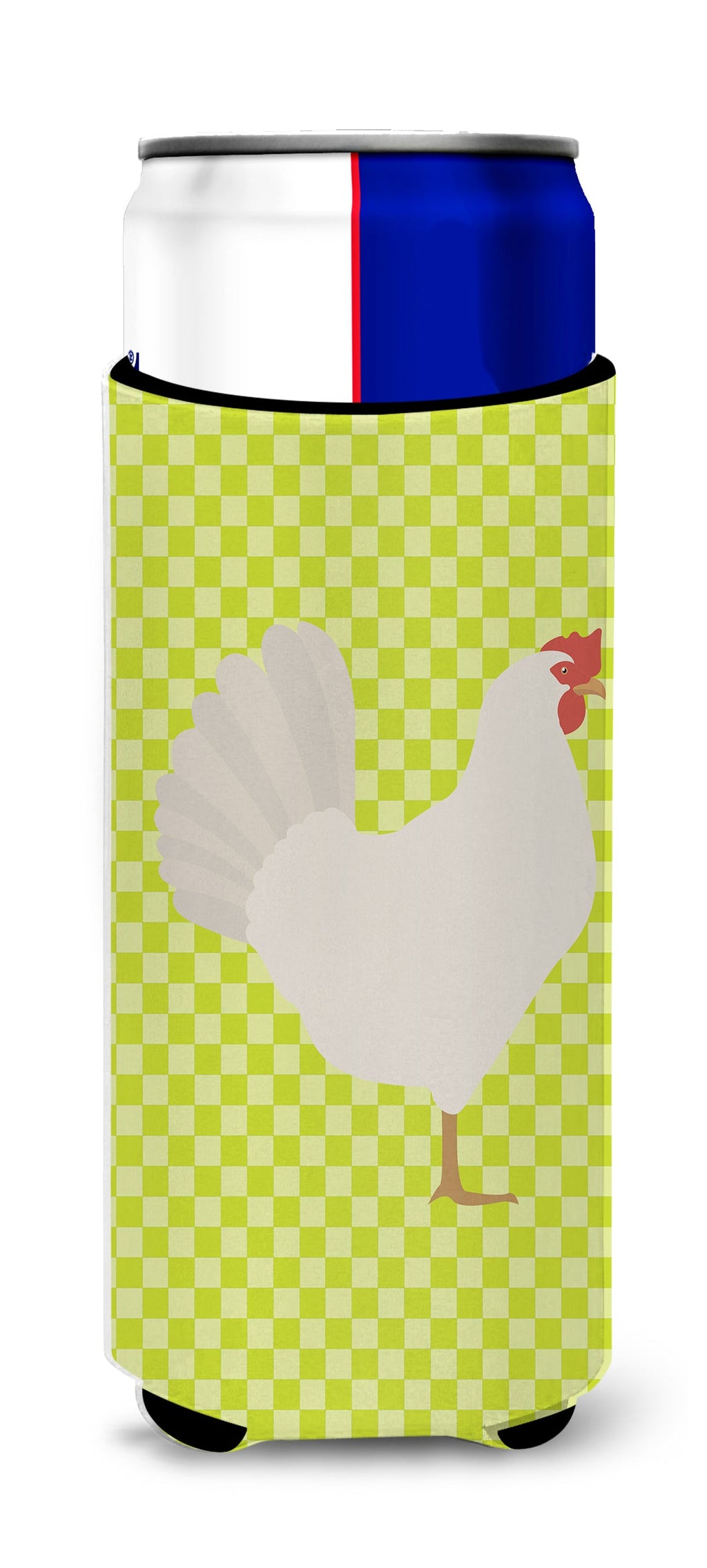 Leghorn Chicken Green Slim Can Hugger , Insulated Foam Hugger for 12 oz Slim Cans, Beer Bottles & Water Bottles, Printed in USA