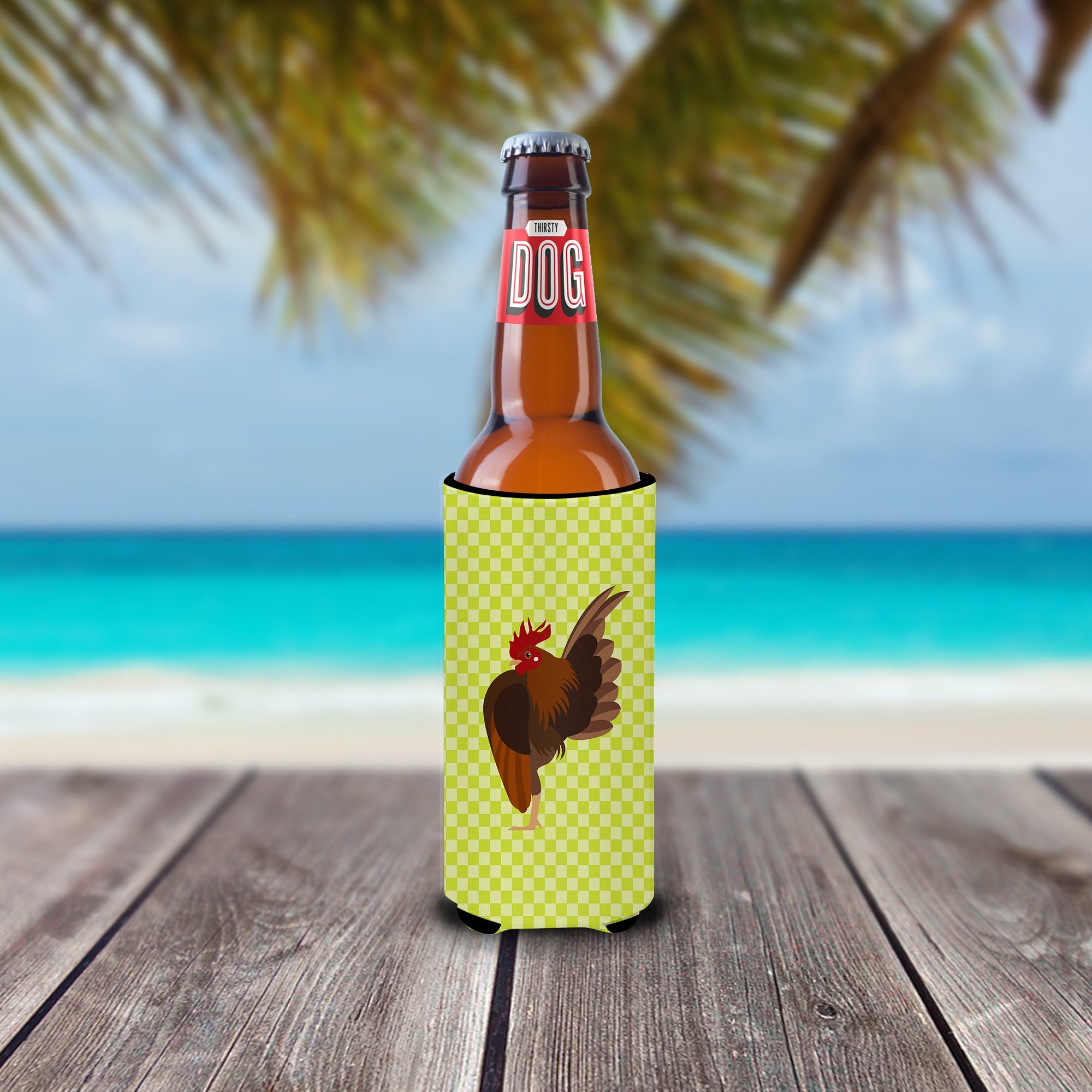 Malaysian Serama Chicken Green Slim Can Hugger , Insulated Foam Hugger for 12 oz Slim Cans, Beer Bottles & Water Bottles, Printed in USA