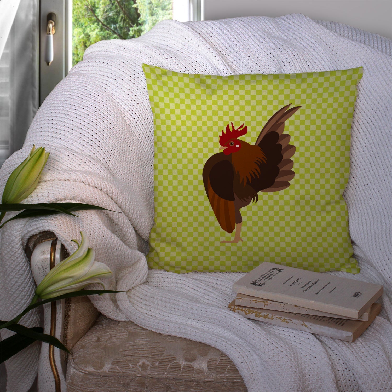 Malaysian Serama Chicken Green Decorative Throw Pillow 14x14 Indoor Outdoor Accent Cushion, Fabric Cover with Insert for Sofa, Bed, Porch & Living Room