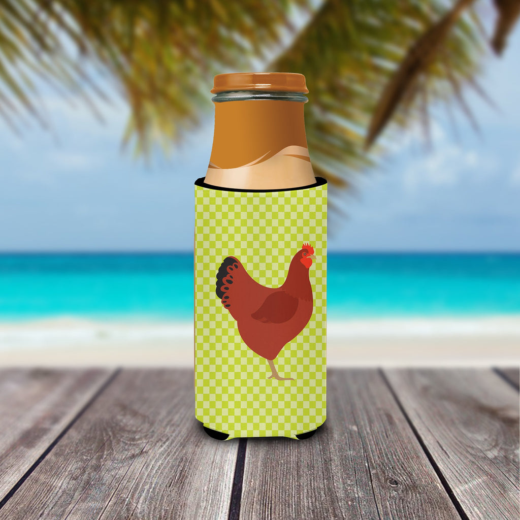 New Hampshire Red Chicken Green Slim Can Hugger , Insulated Foam Hugger for 12 oz Slim Cans, Beer Bottles & Water Bottles, Printed in USA