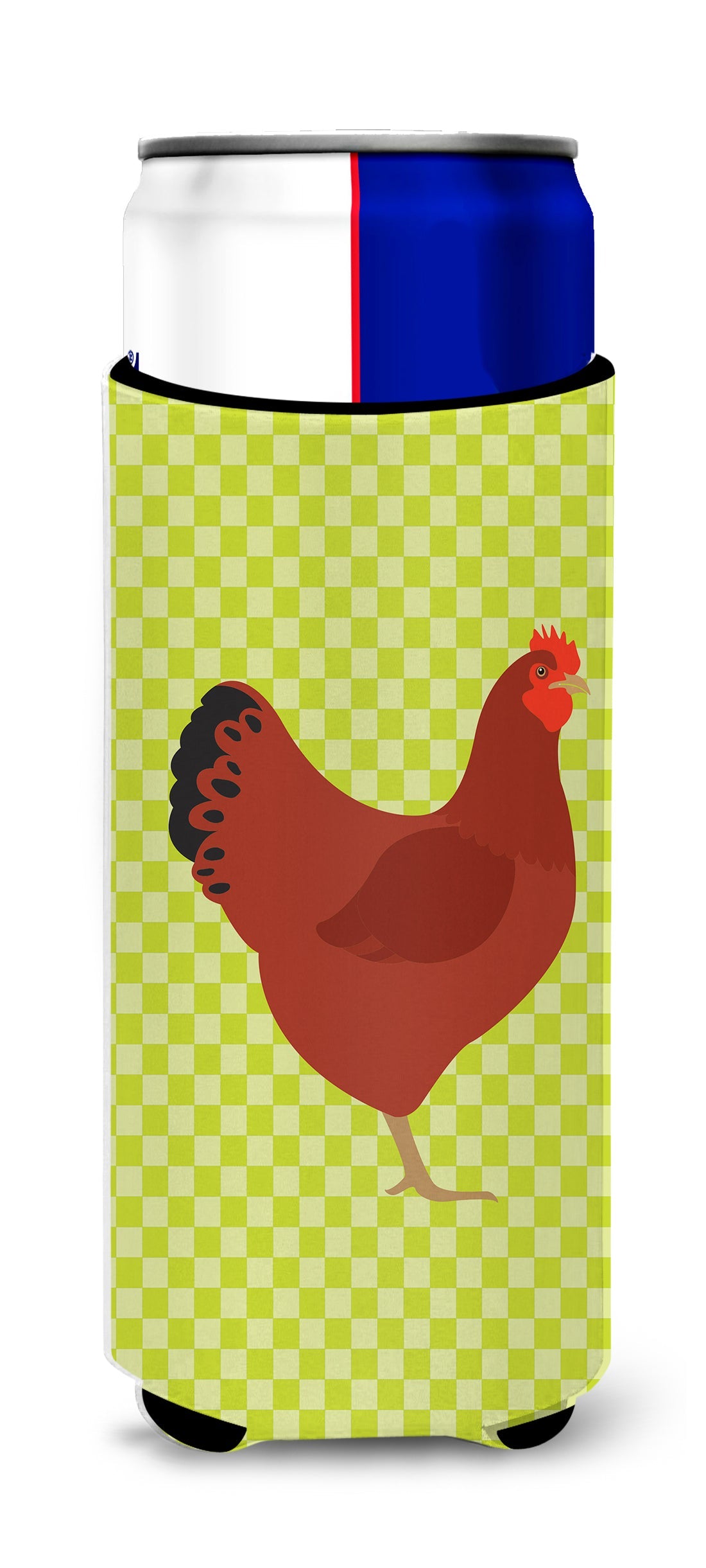 New Hampshire Red Chicken Green Slim Can Hugger , Insulated Foam Hugger for 12 oz Slim Cans, Beer Bottles & Water Bottles, Printed in USA