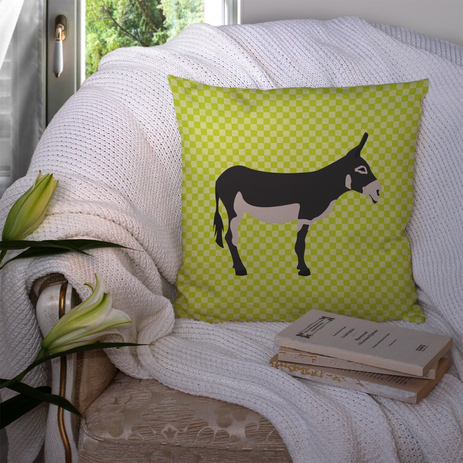 American Mammoth Jack Donkey Green Decorative Throw Pillow 14x14 Indoor Outdoor Accent Cushion, Fabric Cover with Insert for Sofa, Bed, Porch & Living Room