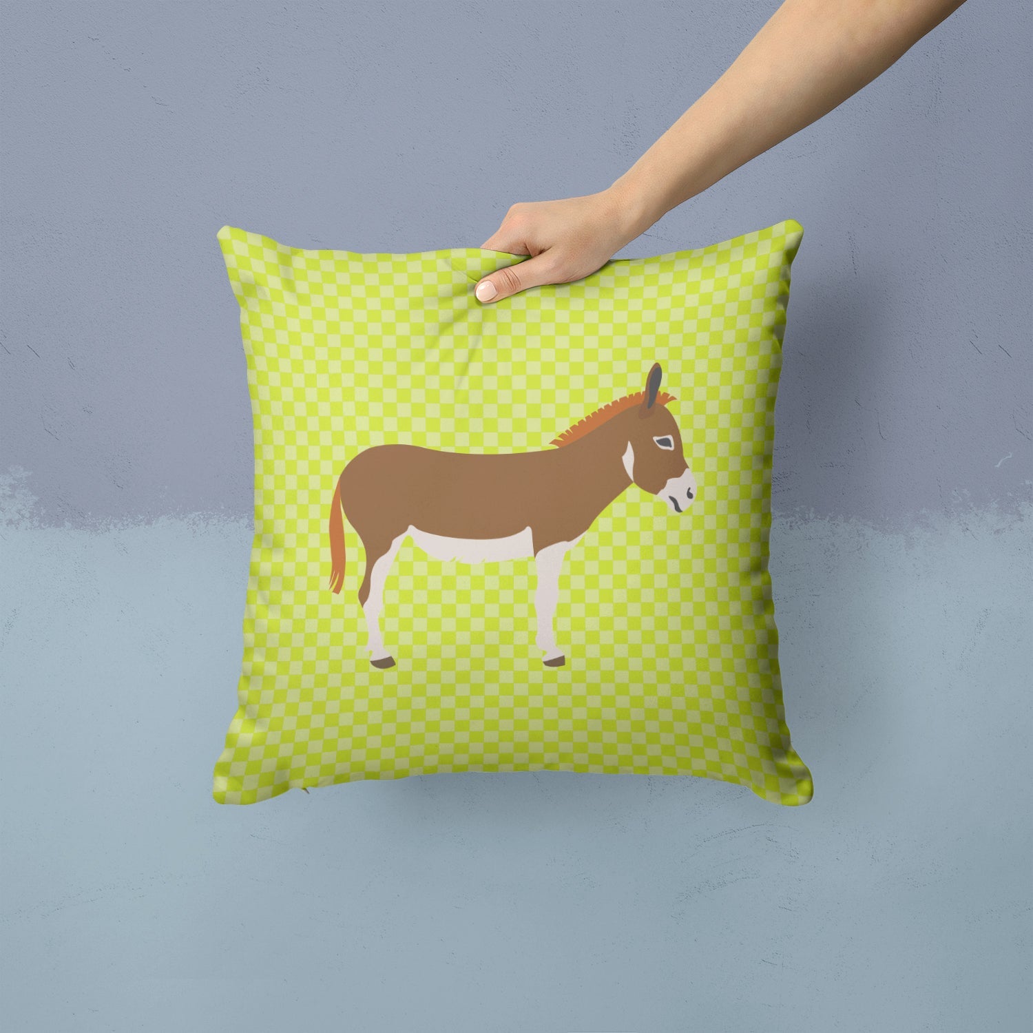 Miniature Mediterranian Donkey Green Decorative Throw Pillow 14x14 Indoor Outdoor Accent Cushion, Fabric Cover with Insert for Sofa, Bed, Porch & Living Room