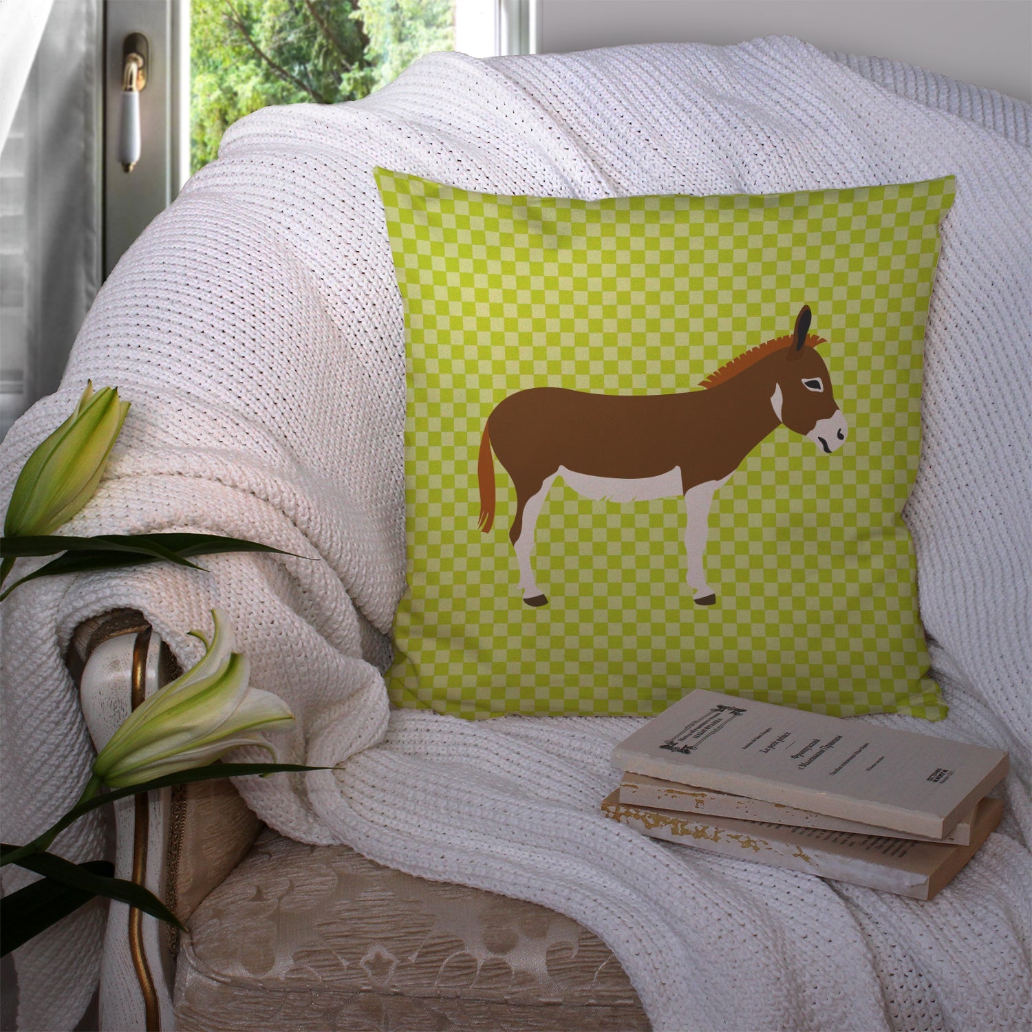 Miniature Mediterranian Donkey Green Decorative Throw Pillow 14x14 Indoor Outdoor Accent Cushion, Fabric Cover with Insert for Sofa, Bed, Porch & Living Room