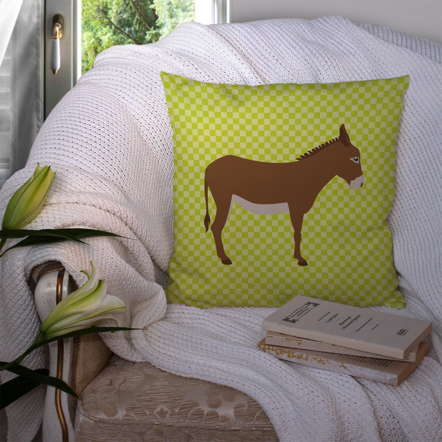 Cotentin Donkey Green Decorative Throw Pillow 14x14 Indoor Outdoor Accent Cushion, Fabric Cover with Insert for Sofa, Bed, Porch & Living Room