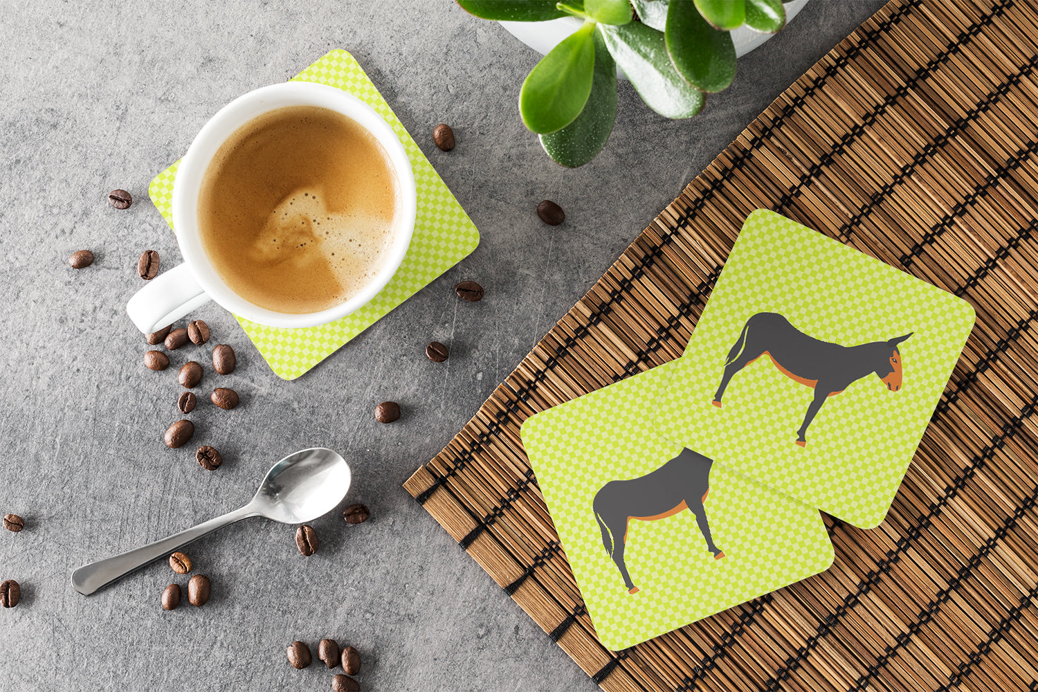 Catalan Donkey Green Foam Coasters Set of 4 Cup Coasters for Indoor Outdoor, Tabletop Protection, Anti Slip, Mouse pad Material