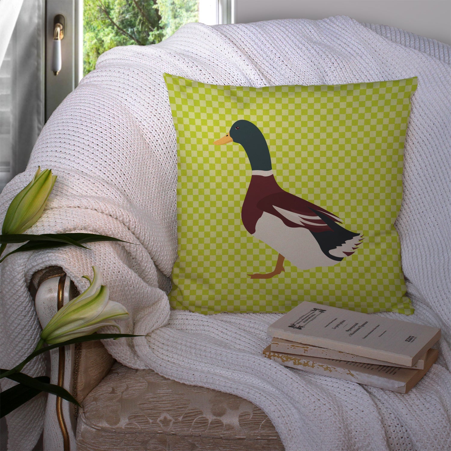 Rouen Duck Green Decorative Throw Pillow 14x14 Indoor Outdoor Accent Cushion, Fabric Cover with Insert for Sofa, Bed, Porch & Living Room