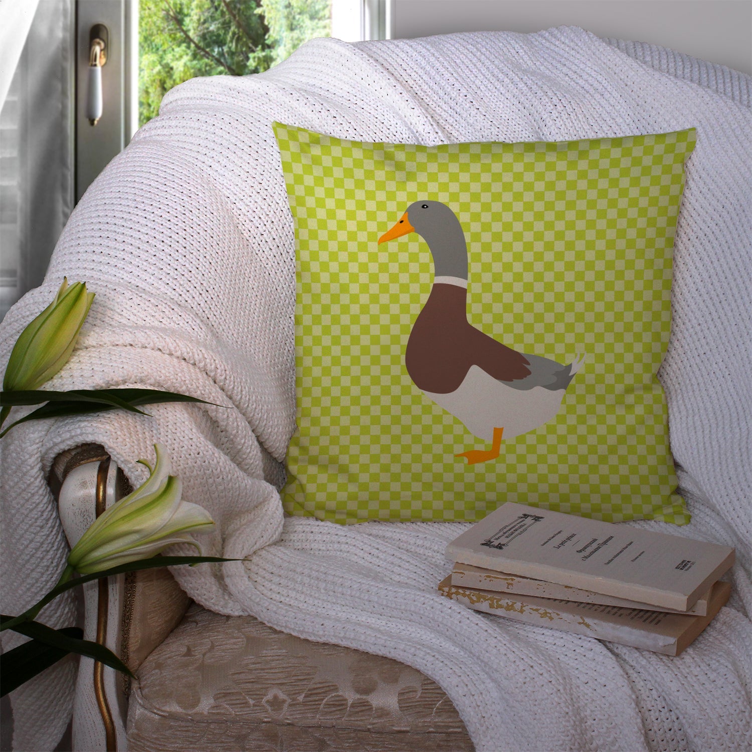 Saxony Sachsenente Duck Green Decorative Throw Pillow 14x14 Indoor Outdoor Accent Cushion, Fabric Cover with Insert for Sofa, Bed, Porch & Living Room