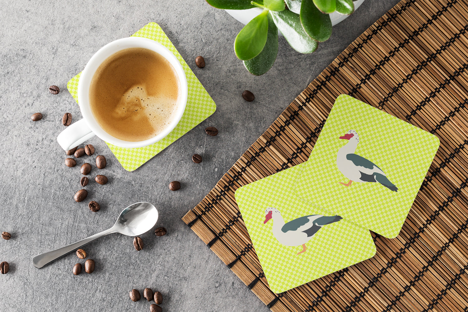 Muscovy Duck Green Foam Coasters Set of 4 Cup Coasters for Indoor Outdoor, Tabletop Protection, Anti Slip, Mouse pad Material