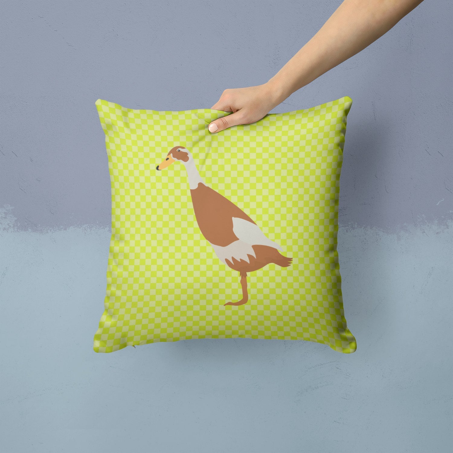 Indian Runner Duck Green Decorative Throw Pillow 14x14 Indoor Outdoor Accent Cushion, Fabric Cover with Insert for Sofa, Bed, Porch & Living Room