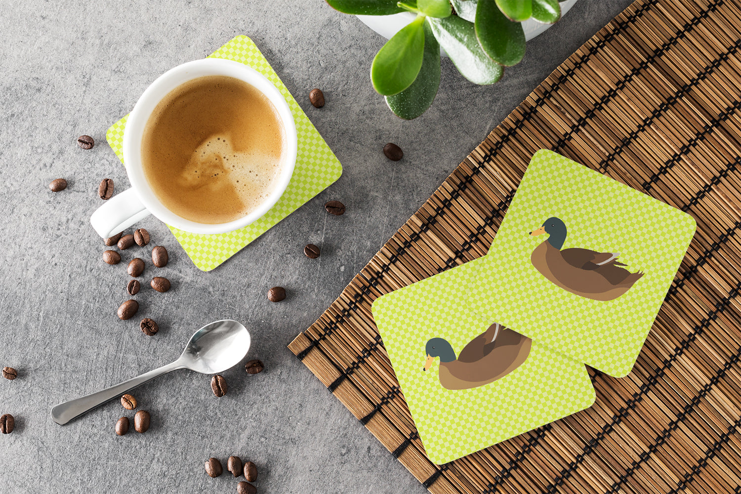 Khaki Campbell Duck Green Foam Coasters Set of 4 Cup Coasters for Indoor Outdoor, Tabletop Protection, Anti Slip, Mouse pad Material