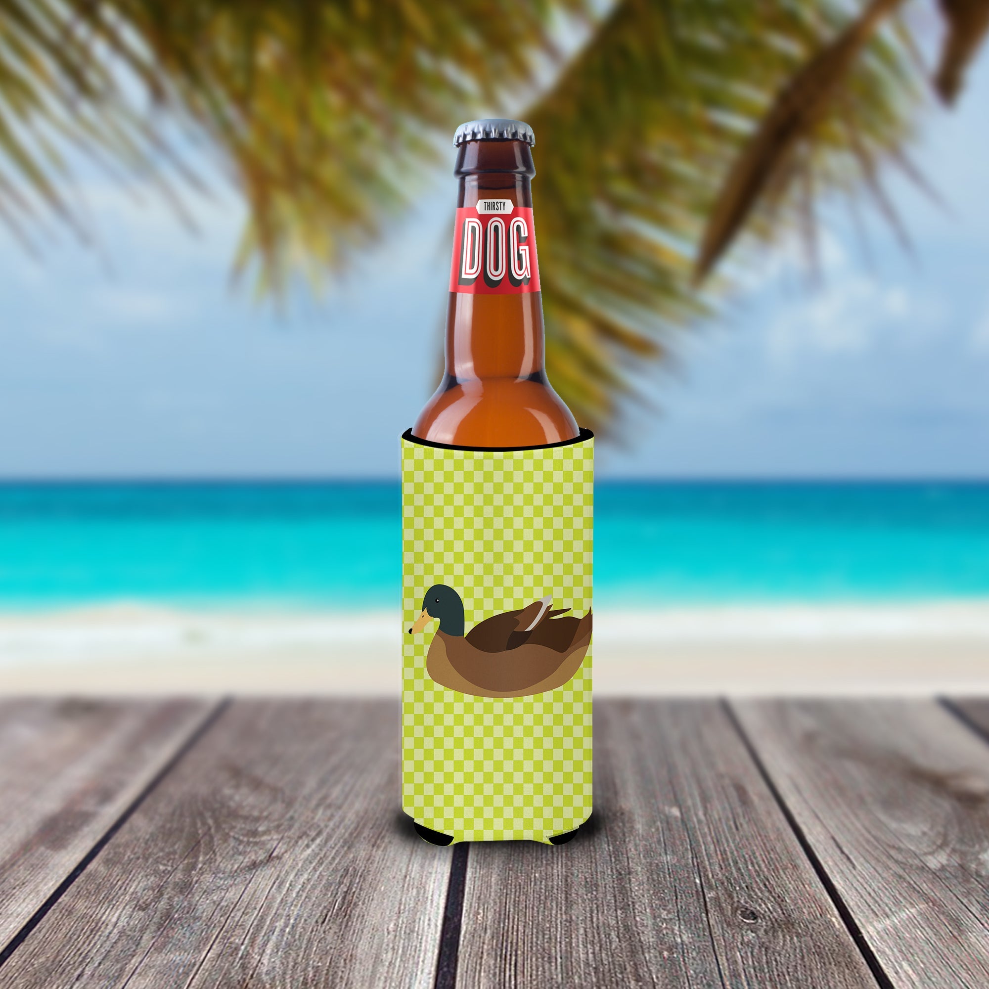 Khaki Campbell Duck Green Slim Can Hugger , Insulated Foam Hugger for 12 oz Slim Cans, Beer Bottles & Water Bottles, Printed in USA