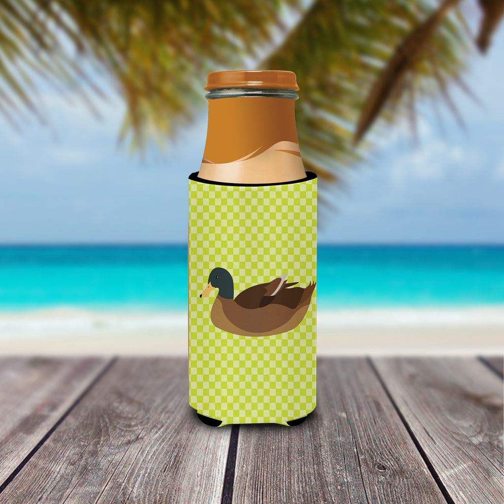 Khaki Campbell Duck Green Slim Can Hugger , Insulated Foam Hugger for 12 oz Slim Cans, Beer Bottles & Water Bottles, Printed in USA
