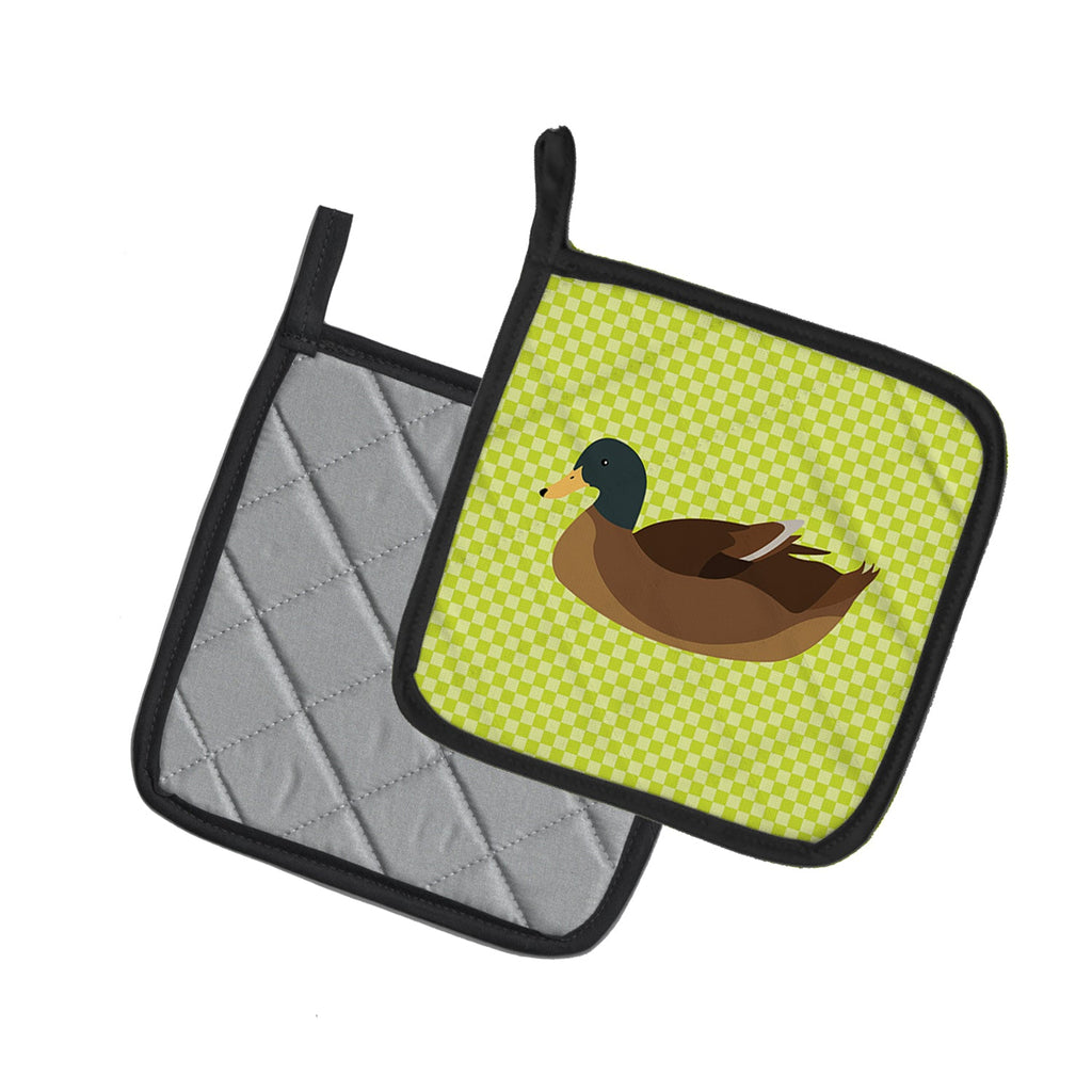 Khaki Campbell Duck Green Pot Holder Set of 2 Heat Resistant Quilted Hot Pads 7.5 x 7.5 Inch, Insulated Kitchen Trivets for Cooking & Baking