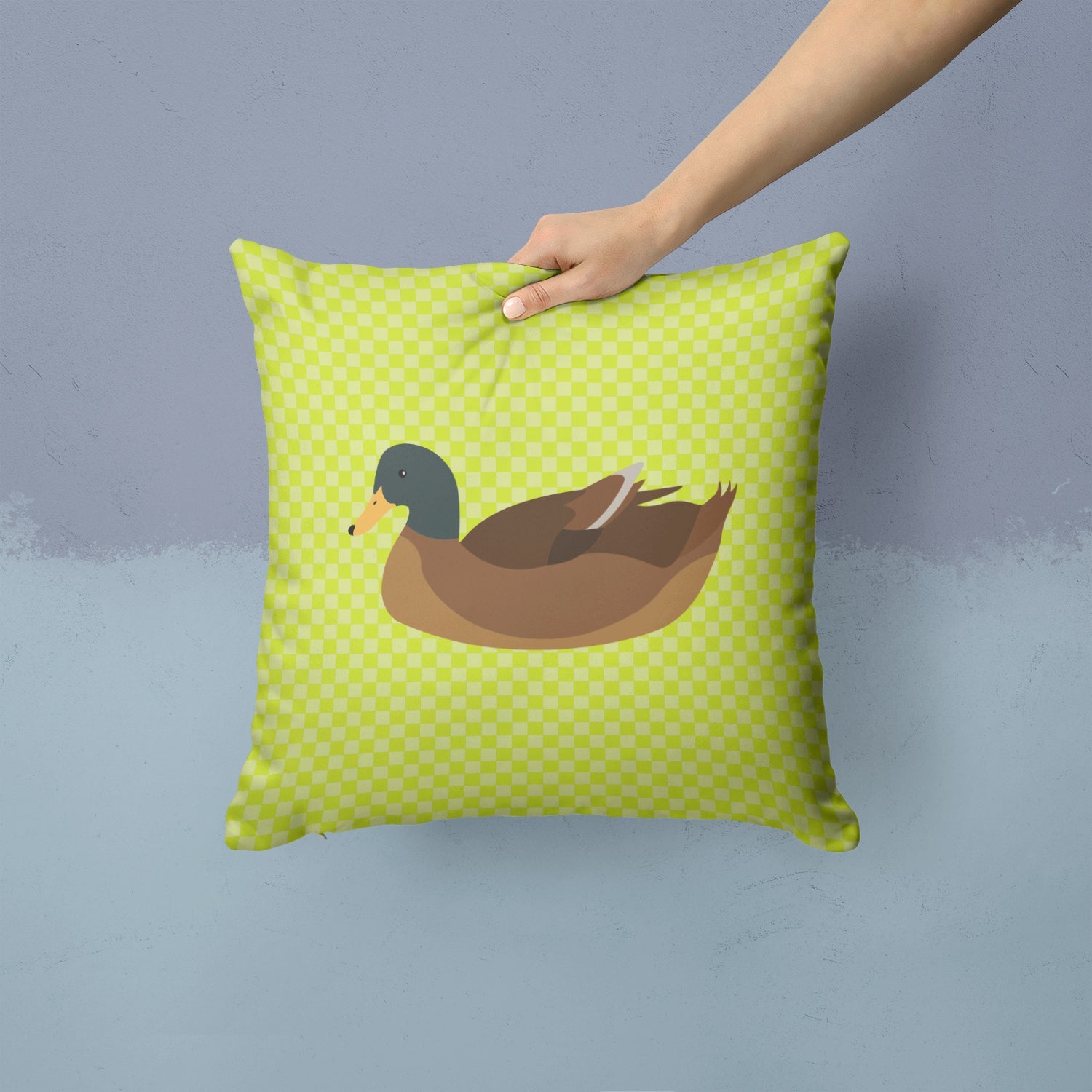 Khaki Campbell Duck Green Decorative Throw Pillow 14x14 Indoor Outdoor Accent Cushion, Fabric Cover with Insert for Sofa, Bed, Porch & Living Room