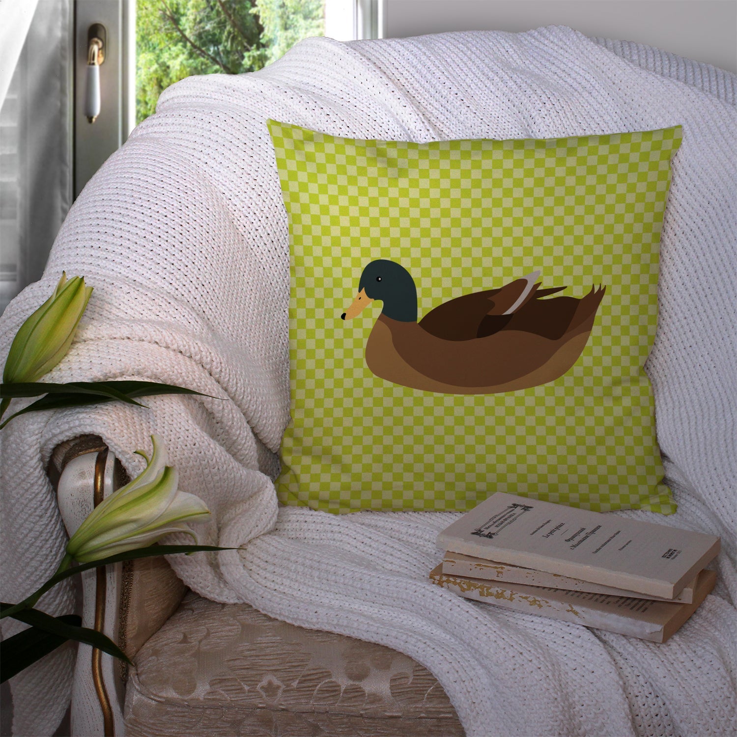 Khaki Campbell Duck Green Decorative Throw Pillow 14x14 Indoor Outdoor Accent Cushion, Fabric Cover with Insert for Sofa, Bed, Porch & Living Room