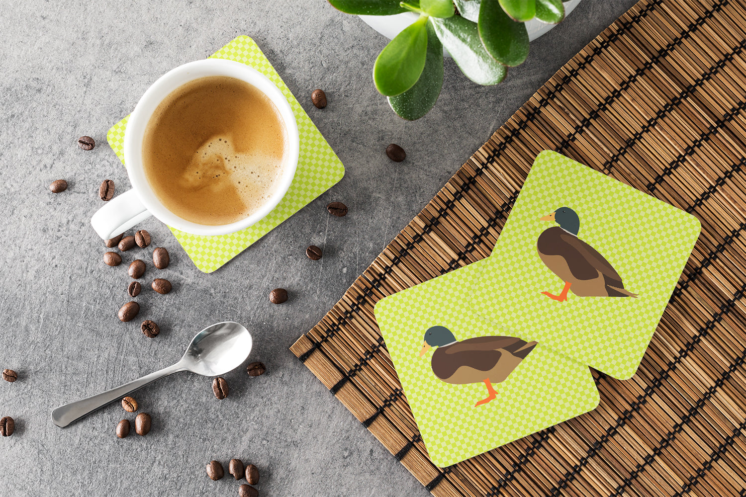 Silver Bantam Duck Green Foam Coasters Set of 4 Cup Coasters for Indoor Outdoor, Tabletop Protection, Anti Slip, Mouse pad Material