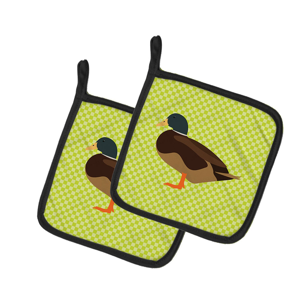 Silver Bantam Duck Green Pot Holder Set of 2 Heat Resistant Quilted Hot Pads 7.5 x 7.5 Inch, Insulated Kitchen Trivets for Cooking & Baking